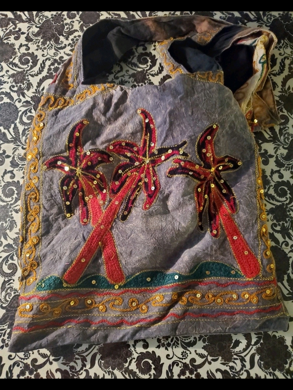 Embroidered Gray Canvas Shoulder Bag with Red Palm Motif